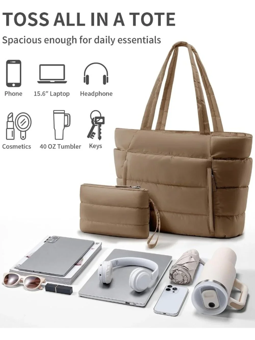 Lightweight Puffer Tote Bag for Women | Stylish Travel & Gym Work Bag